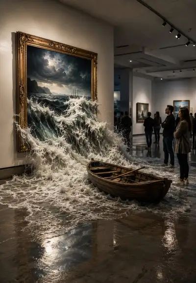 Hyper-realistic Art Gallery with Breaking Ocean Painting