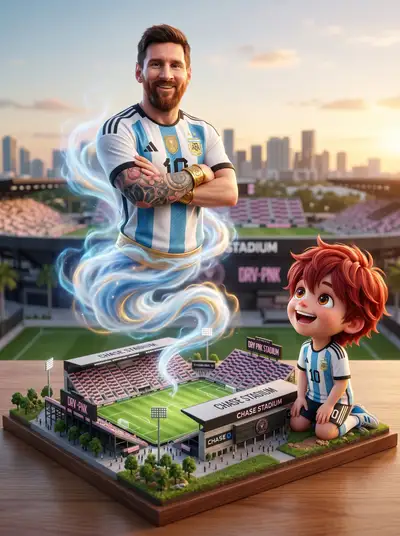 Messi genie floating above miniature stadium with anime boy