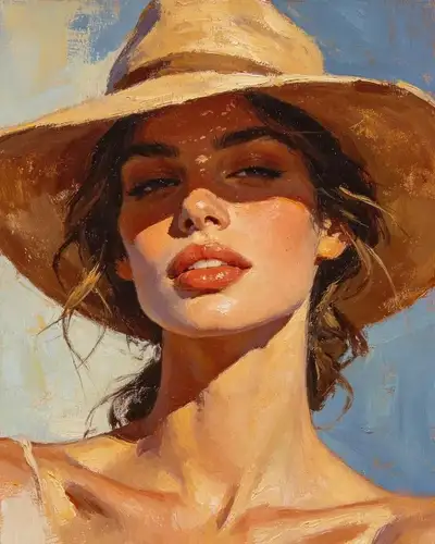 Impressionist Oil Painting Portrait of a Woman in a Sun Hat