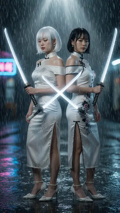 Duas mulheres com vestidos qipao brancos cruzando espadas brilhantes na chuva