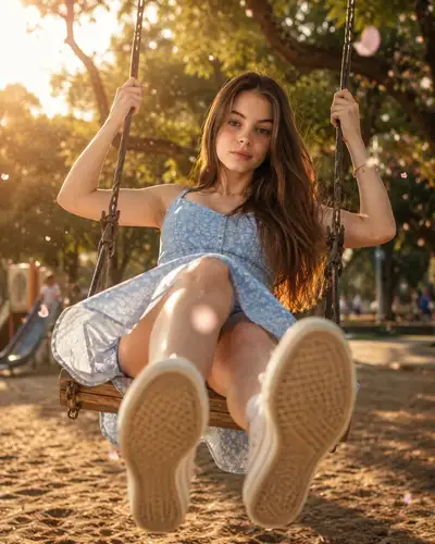 Photo de femme sur une balançoire vintage de parc avec un raccourci dramatique