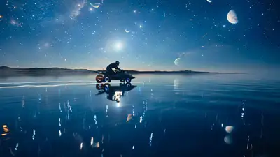 Gravity-bike rider across a starry lake