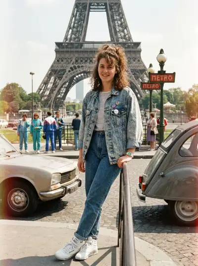 1980s vintage photo in front of the Eiffel Tower