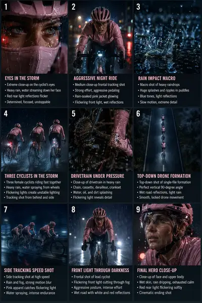 9-Panel Cinematic Storyboard: Night Rain Cycling