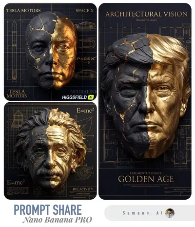 Split stone and gold sculptural portrait mask over a blueprint