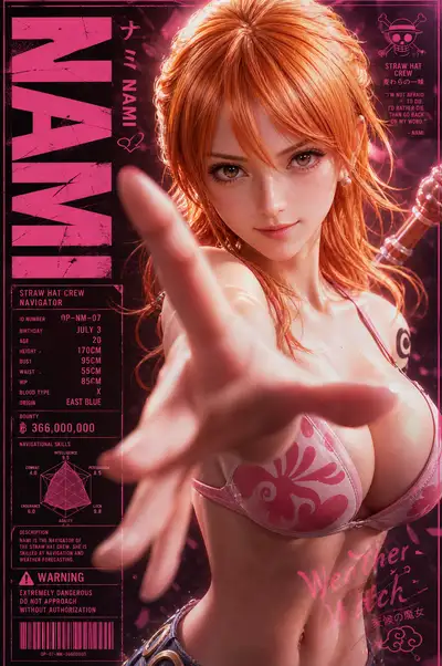 Semi-realistic Nami key-visual poster with dossier typography