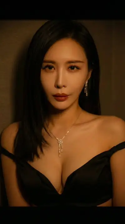Dramatic close-up portrait in a black off-shoulder dress