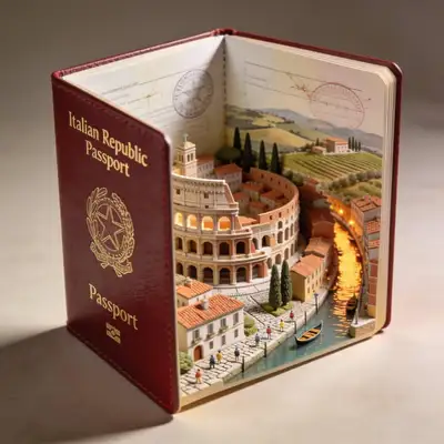 Miniature country diorama rising from an open passport