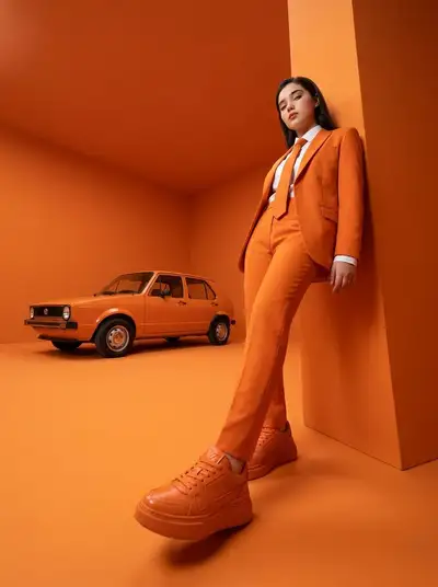 High-Fashion Orange Editorial Portrait With Vintage Car