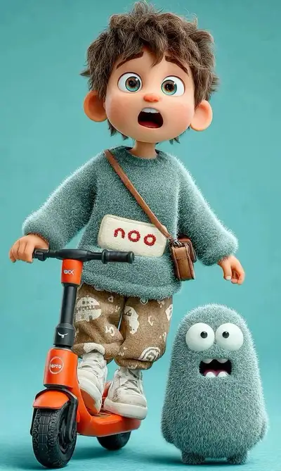 3D-Kinderfigur im Pixar-Stil auf einem Scooter