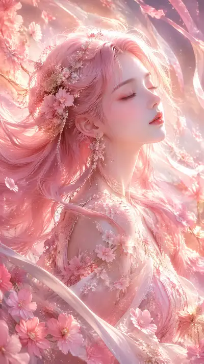 Ethereal pink-haired girl digital art portrait with floating petals