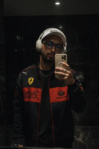 Hyper-realistic mirror selfie with Ferrari racing jacket