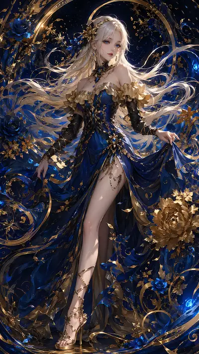 Fantasy ball gown concept art with surreal floral swirl background