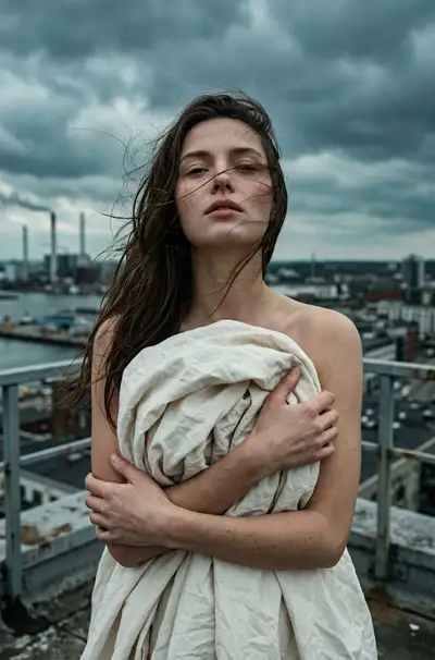 Cinematic Rooftop Portrait in Wind