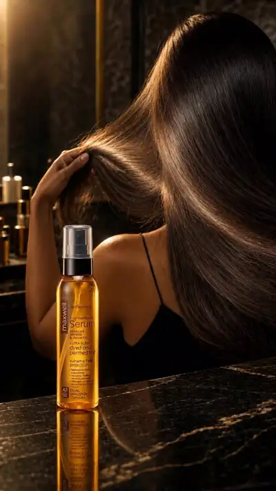 Comercial de luxo de sérum capilar dourado com revelação de brilho espelhado