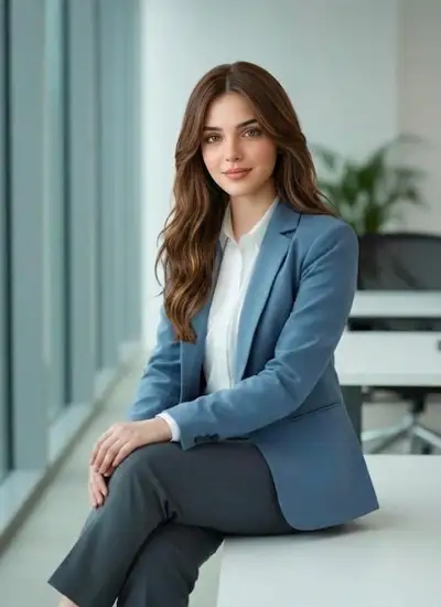Un retrato profesional de una joven mujer del sur de Asia sentada en un ambiente