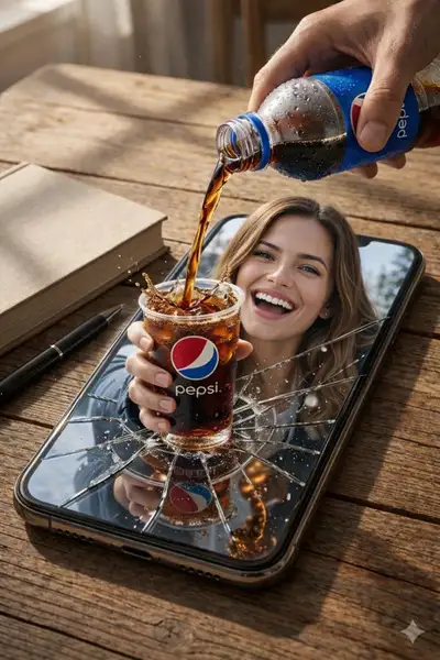 Surreal phone-screen soda pour ad with Pepsi branding