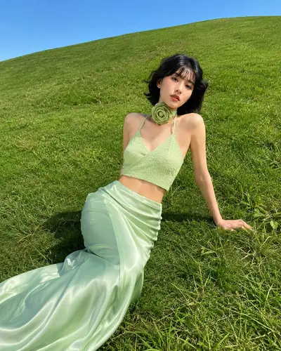 Editorial Fashion Photo: Green Ensemble on Hillside