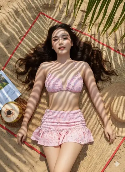 Tropical beach flat-lay portrait under palm shadows