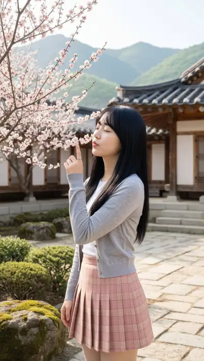 桜の花の肖像、韓国の寺院の庭にて