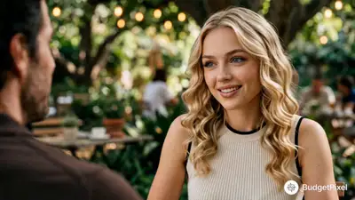 Cinematic first-date dialogue scene at a garden cafe