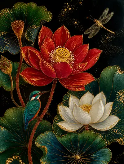 Rinpa style black and gold lotus flower ink painting