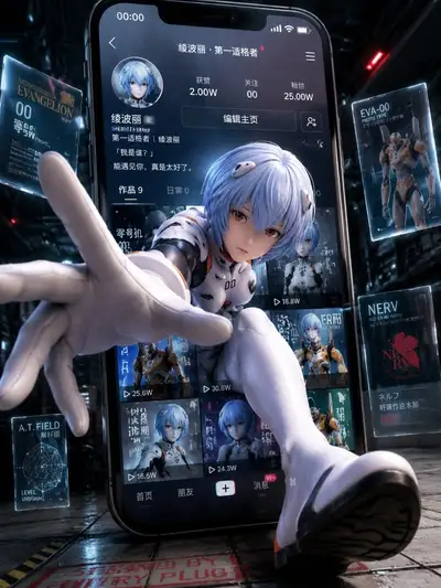Póster de redes sociales de Asuka rompiendo la pantalla del teléfono