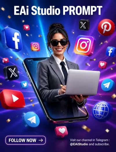 Woman emerging from a smartphone screen with floating social icons