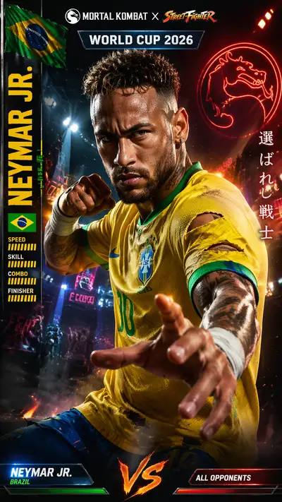 Brazil fighter poster: Neymar Jr. crossover with Street Fighter arcade style