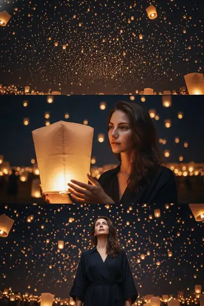 Night Sky Lantern Festival - 3 Panel Cinematic Scene