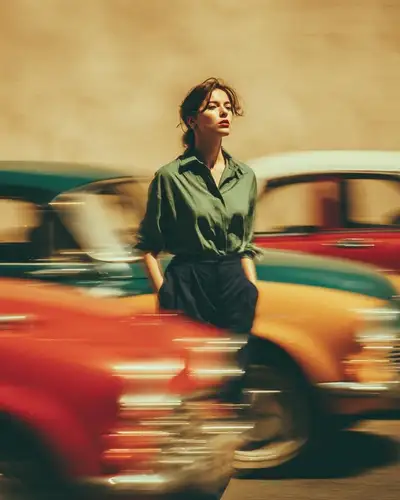 Editorial street portrait with vintage car motion blur