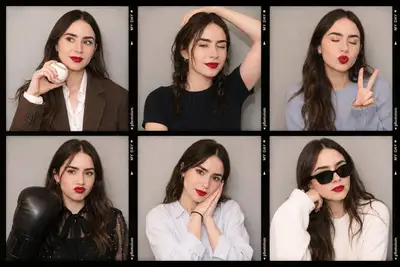 Colagem em grade de seis fotos estilo fotomatón coreano a partir de uma imagem de referência