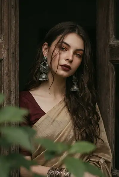 Moody Cinematic Portrait of South Asian Woman in Rustic Doorway