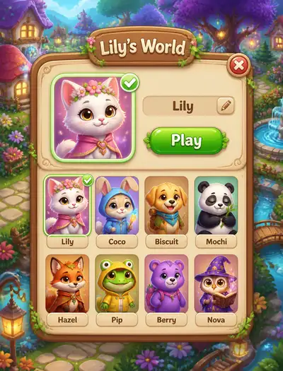 Tela de seleção de personagens do jogo móvel Lily's World