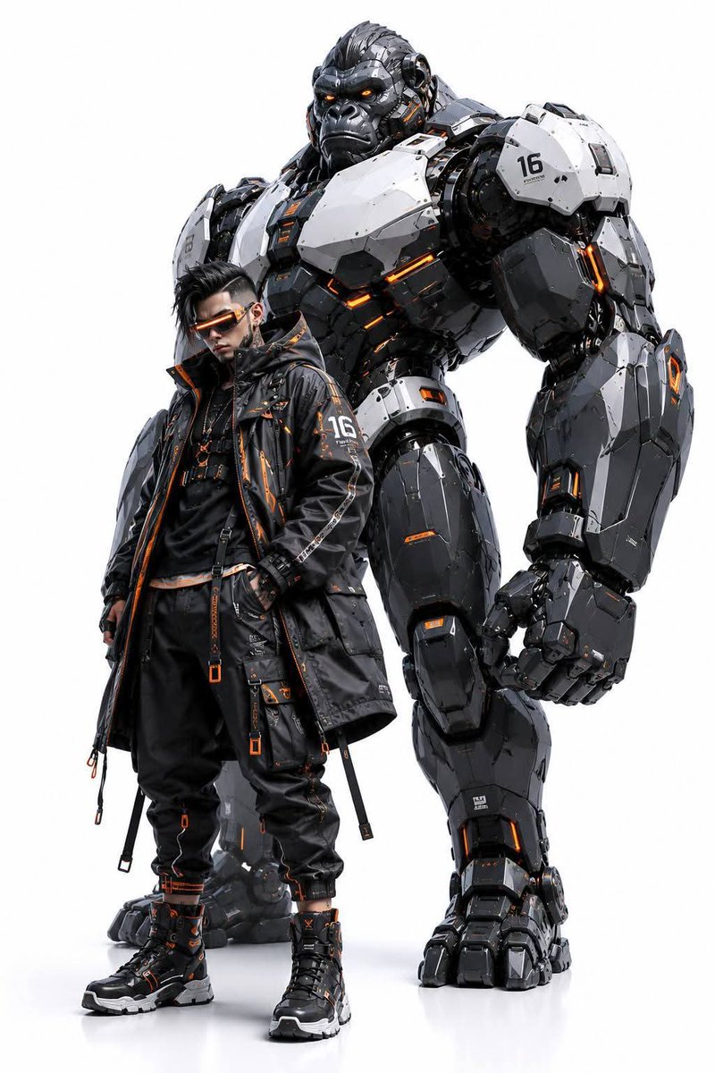 Techwear character with mecha wolf robot concept art