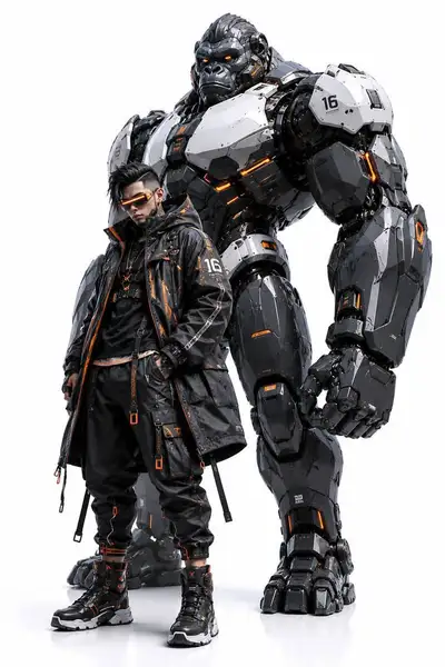 Techwear-Charakter mit Mecha-Wolf-Roboter-Konzeptkunst