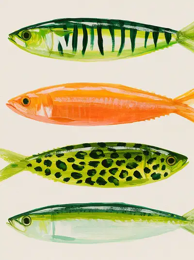 Minimalist vector illustration of zebra and leopard print sardines
