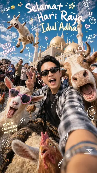 Chaotisch-niedliche Eid-al-Adha-Moschee-Selfie-Vorlage