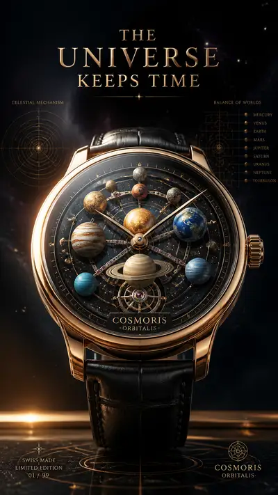 Conceptual luxury watch ad with planets as gears