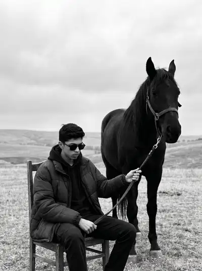 Stoic black and white portrait of man with horse, JSON prompt