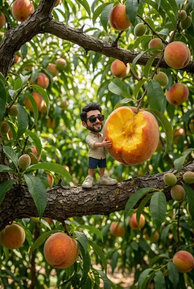 Foto Macro Surreal de Homem Miniatura com Pêssego Gigante