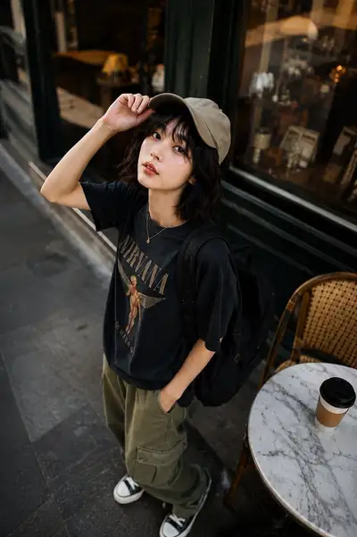 Street portrait of a stylish Korean woman outside a European cafe