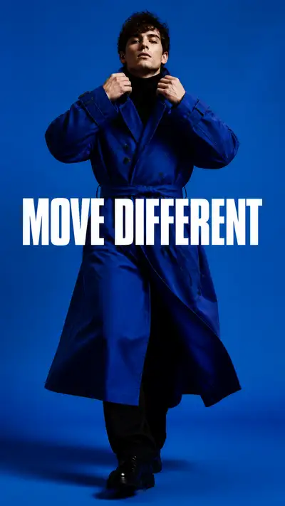 Cobalt blue trench coat editorial campaign poster