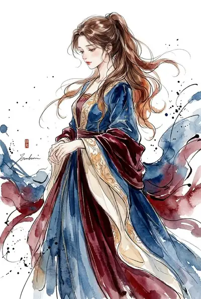 Watercolor Portrait of Woman in Traditional Robe
