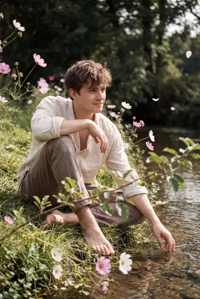 Wistful Young Man by Stream with Cosmos Flowers