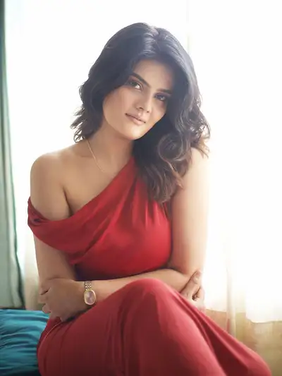 Ultra-Photorealistic Portrait of Woman in Red Satin by Window