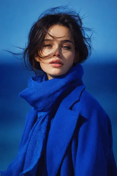 Retrato fotorrealista con abrigo azul rey