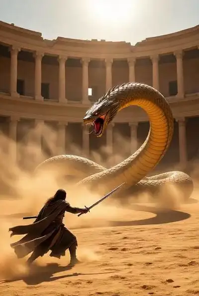 Épéiste dans un colisée du désert contre un serpent des sables