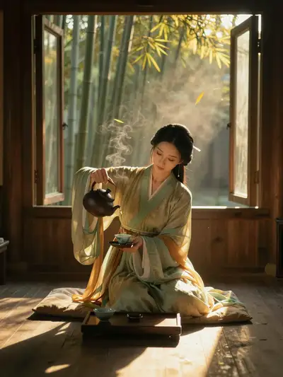 Tang Dynasty Tea Ceremony Portrait in a Bamboo Teahouse