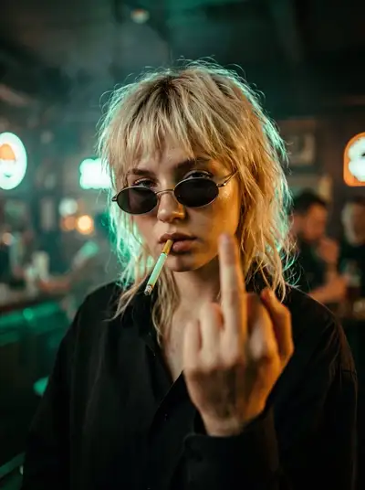 Gritty Rock-and-Roll Close-Up Portrait in Neon Haze